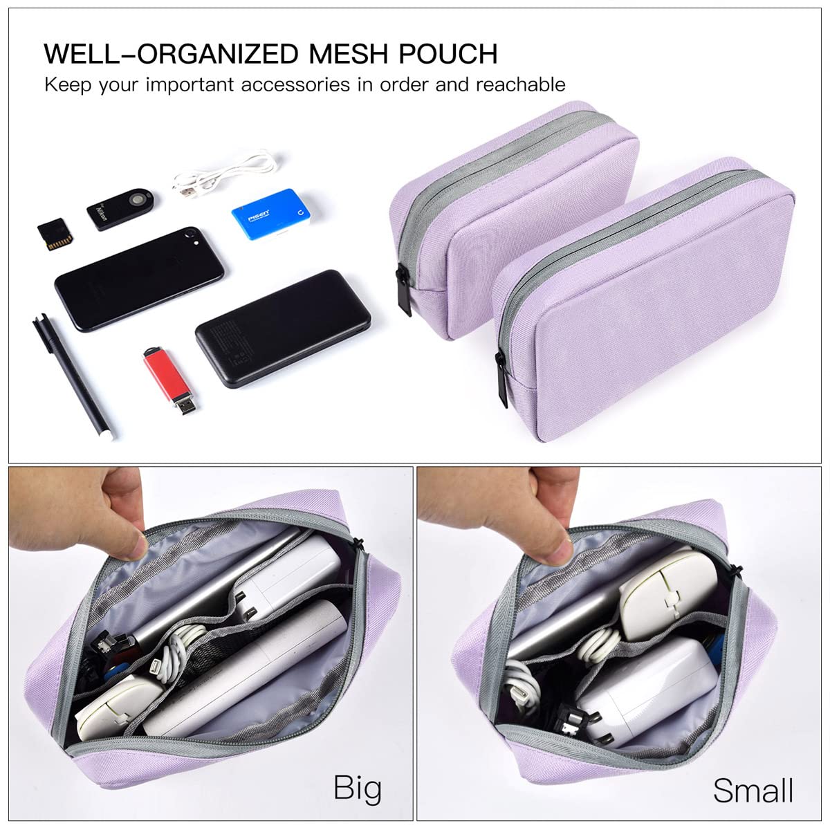 Universal Electronics Accessories Bag Pouch, 2-Pack Portable Soft Carrying Case Bag Wire Cable Organizer for Hard Drive, Power Adapter, Laptop Mouse, Cosmetics Kit, Cell Phone, Small+Big-Purple