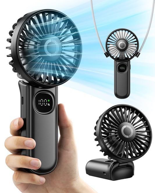 Foldable Portable Fan with LED Display, 3000mAh Battery Operated Mini Hand Held/Neck/Desk 3 in 1 Personal Small Fan for Eyelash Makeup Travel Beach Outdoor Black