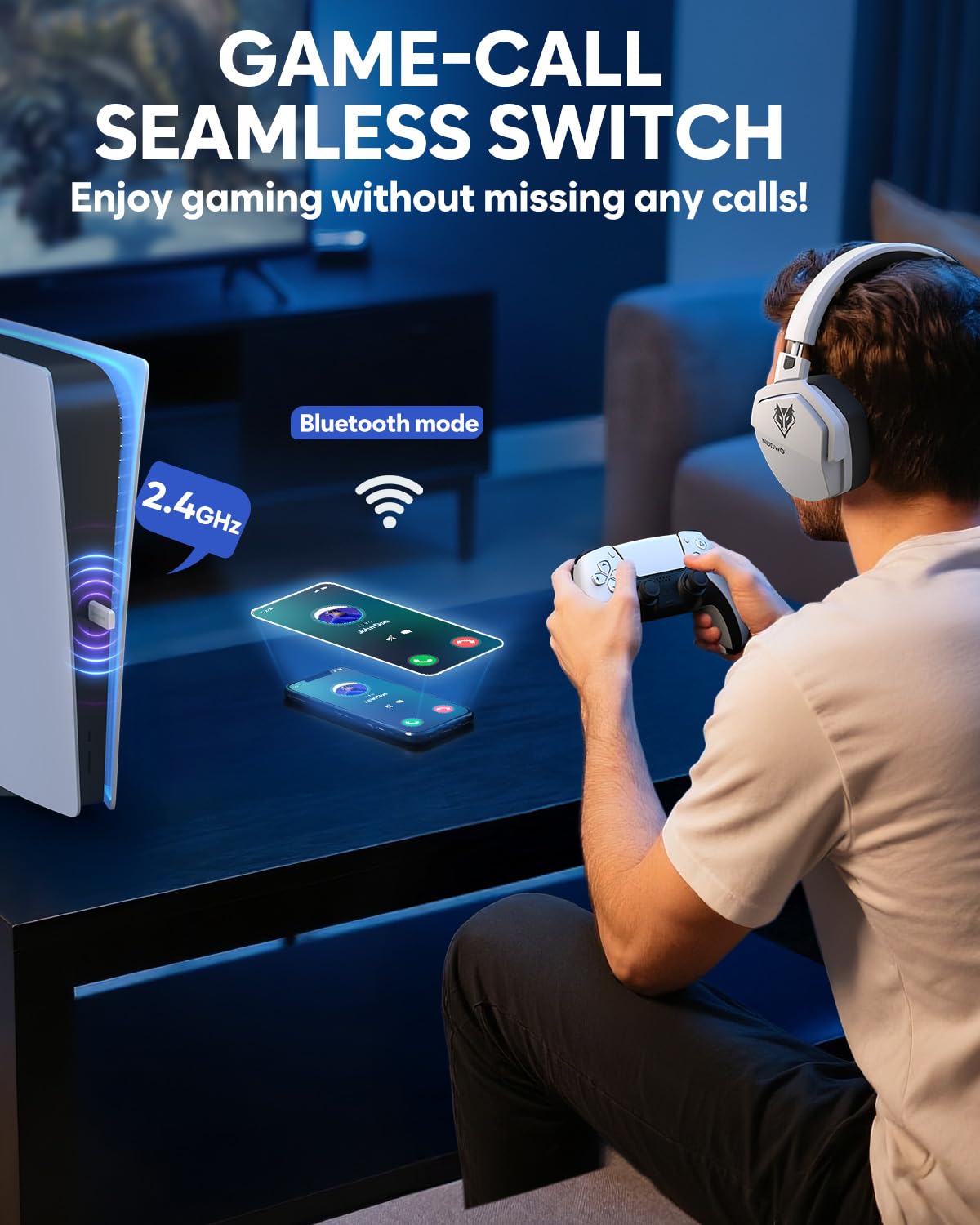 NUBWO G06 Dual Wireless Gaming Headset with Microphone for PS5, PS4, PC - 23ms Low Latency Audio - 100-Hour of Playtime - 50mm Drivers (White-Black)