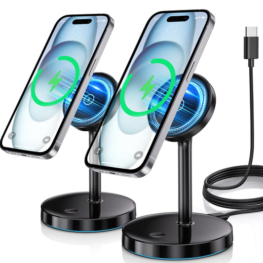 2 Pack Mag-Safe Charger Stand 15W Magnetic Wireless Charging Station for iPhone 16 15 14 13 12 Pro/Pro Max/Plus/Mini Magnet Wireless Charging Station/Pad with LED Light for AirPods 3/2/Pro/Pro 2