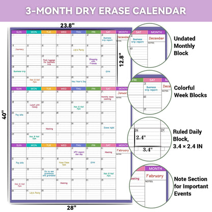 Large Dry Erase Calendar For Wall - Undated 3 Month Calendar, 28'' x 40'', Erasable & Reusable Laminated White Board With 8 Round Stickers, Vertical Layout for Office, Classroom and Home