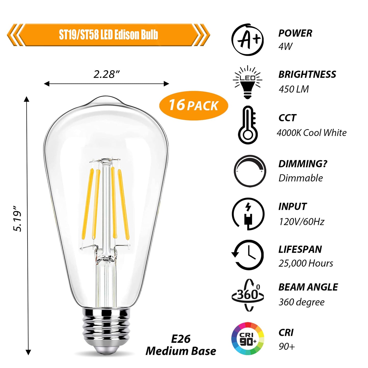 winsaLED 16 Pack LED Edison Bulbs 40W Equivalent, 4000K Cool White Dimmable ST19 Light Bulb, 4W LED Filament Bulb, 450LM E26 Vintage Bulbs for Ceiling Light Fixtures