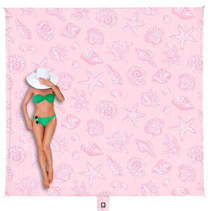 WEKAPO Beach Blanket Waterproof Sandproof Oversized, Extra Large Beach Mat Sand Free, Lightweight & Compact Sand Free Mat with 6 Stakes & 4 Corner Pockets (Pink Sea Shells, 11 x 9 FT (1～9 Person))