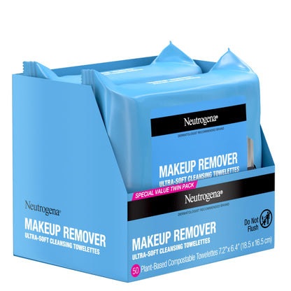Neutrogena Makeup Remover Cleansing Face Wipes, Daily Cleansing Facial Towelettes to Remove Waterproof Makeup and Mascara, Alcohol-Free, Value Twin Pack, 25 Count, 2 Pack