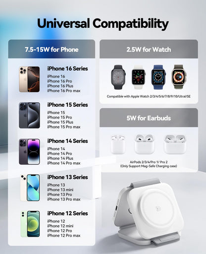 3 in 1 Charging Station for Apple Multiple Devices, Foldable Magnetic Fast Wireless Charger Dock, Travel Charging Pad for iPhone 16 15 14 13 12 Pro Max Plus Apple Watch Series & AirPods 4/3/2/Pro