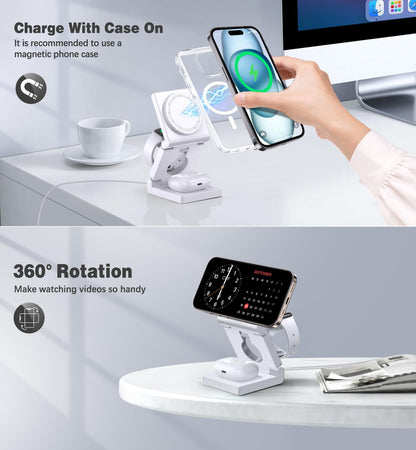 3 in 1 Wireless Charging Station for Apple Multple Devices - Foldable Magnetic Wireless Charger Dock -Travel 18W Charging Pad for iPhone 16 15 14 13 12 Pro/Pro Max/Plus/Watch & Airpods All Series