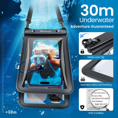 Niveaya Double Space Waterproof Phone Pouch - 2 Pack, Waterproof Phone Lanyard Case with iPhone 16/15/14/13/12 Pro Max up to 8.3", Phone Dry Bags for Vacation Beach Pool Kayak Cruise Travel Essentials