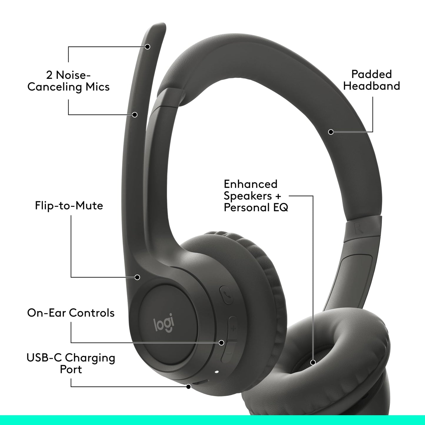 Logitech Zone 301 Wireless Bluetooth Headset with Noise-Canceling Microphone, Compatible with Windows, Mac, Chrome, Linux, iOS, iPadOS, Android – Graphite