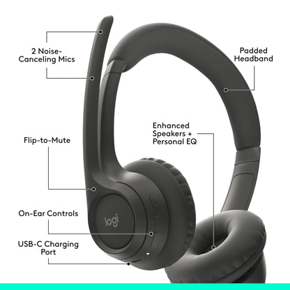 Logitech Zone 301 Wireless Bluetooth Headset with Noise-Canceling Microphone, Compatible with Windows, Mac, Chrome, Linux, iOS, iPadOS, Android – Graphite