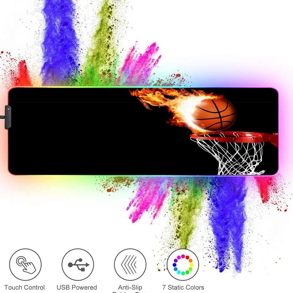 ZYCCW Large RGB Gaming XXL Mouse Pad with Stitched Edge 31.5×15.7×0.15 Fire Basketball Mouse Mat Customized Extended Glowing Led Gaming Mouse Pad Anti-Slip Rubber Base Ergonomic Mouse Pad for Computer