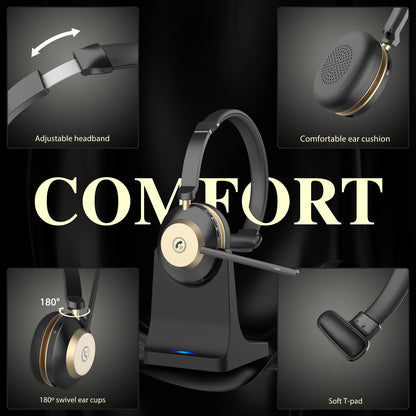 NOTESNEE V5.3 Wireless Headset with Mic for Work, 45Hrs Computer Headset with Microphone, Bluetooth Headphones with Noise Cancelling Mic, Charging Base, USB Dongle & Mute Button for PC, Skype, Zoom