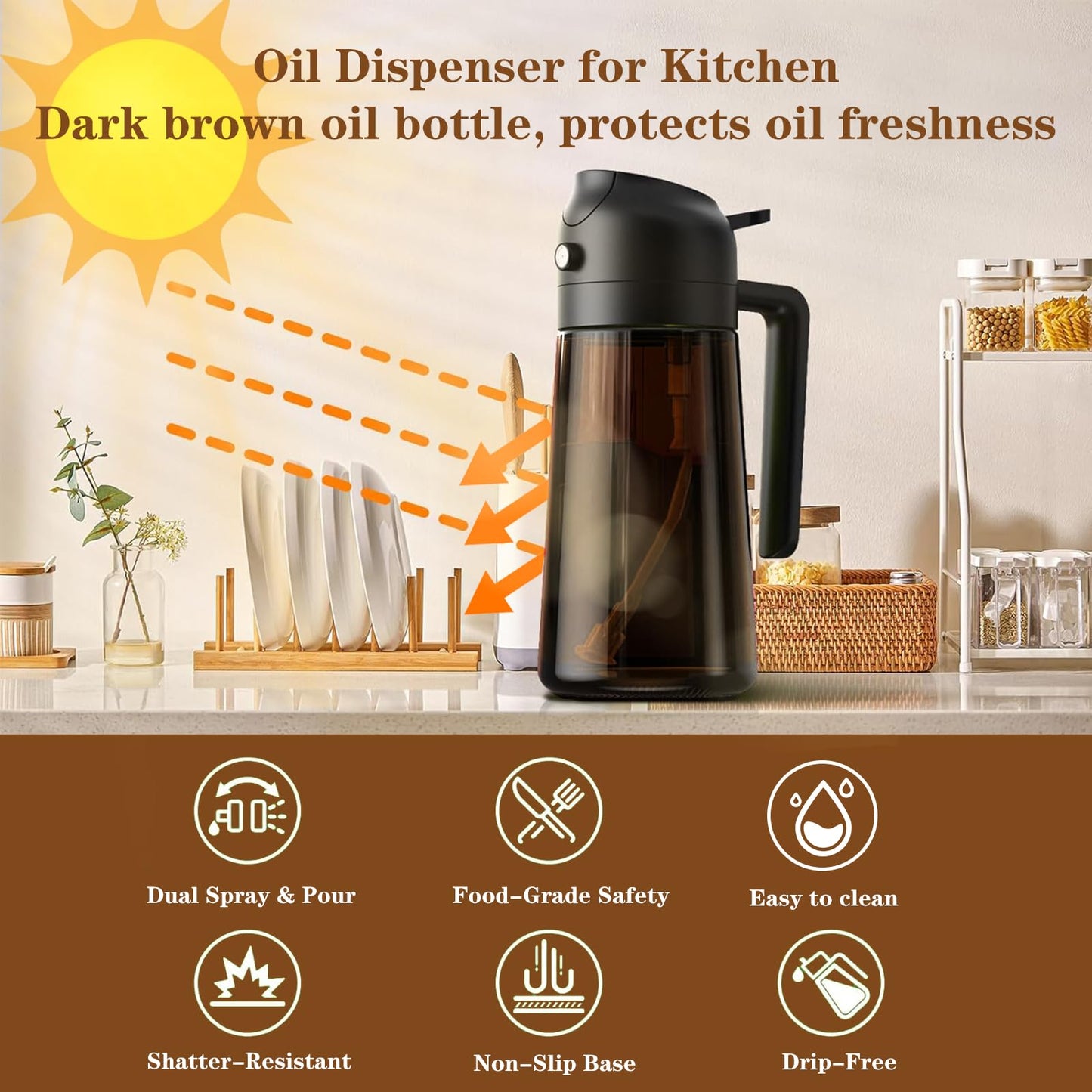 OURCABECUE Oil Sprayer for Cooking, 16oz Glass Olive Oil Dispenser Bottle for Kitchen Gadgets, 2 in 1 Spray and Pour Dark Brown Bottle with Stickers for Air Fryer, Salad