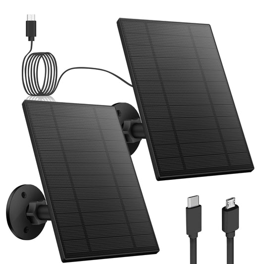 2PC 5W Solar Panel for Security Camera, Solar Panel with Micro USB & USB-C Port for DC 5V Outdoor Rechargeable Battery Camera, IP65 Waterproof, 360° Adjustable Security Mount, 9.8ft Cable(Black)