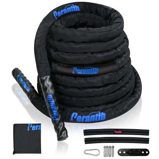 Perantlb 100% Poly Dacron Heavy Battle Rope - 1.5", 30' 40' 50' Lengths - Upgraded Durable Protective Sleeve - Gym Muscle Toning Metabolic Workout Fitness - Anchor Strap Kit Included (1.5" x 50 ft)