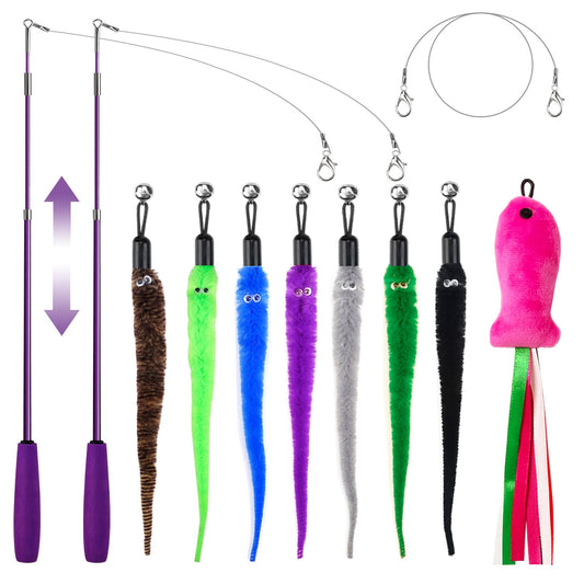 11PCS Cat Wand Toy, Cat Interactive Toys for Indoor Cats, 2 Retractable Cat Wand, 7 Worm Cat Teaser Toys and 1 Plush Fish Cat Toy, Cat Feather Toys for Play Chase Exercise with Kitten, Extra 1 Line