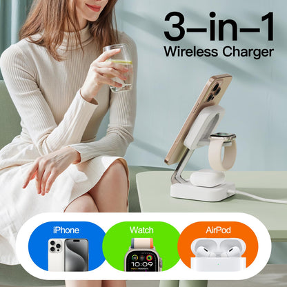 2025 Traveling Wireless Mag-safe Fast Charging Station,Magnetic 3 in 1 Charger with Light for iPhone 16 15 14 13 12 Pro Max Plus,Apple Watch Series & Air pods 4 3 2 Pro-Gifts for Wife & Husband(White)