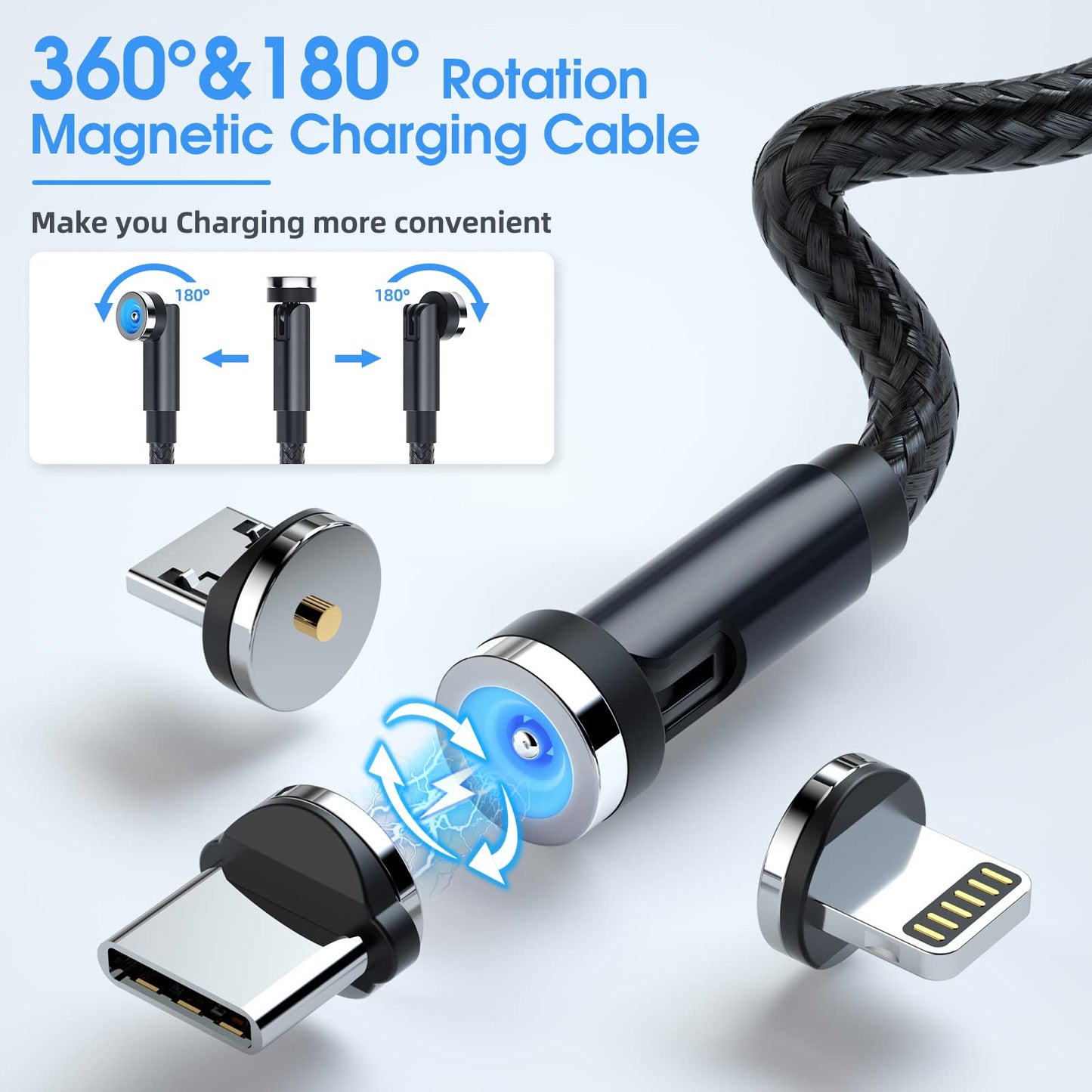 3 in 1 Magnetic Phone Charger - 5-Pack Rotating Magnetic Charger Cable with LED Light, Nylon Braided Cord for Micro-USB, USB C and i-Product Devices - Black