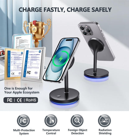 2 Pack Mag-Safe Charger Stand 15W Magnetic Wireless Charging Station for iPhone 16 15 14 13 12 Pro/Pro Max/Plus/Mini Magnet Wireless Charging Station/Pad with LED Light for AirPods 3/2/Pro/Pro 2