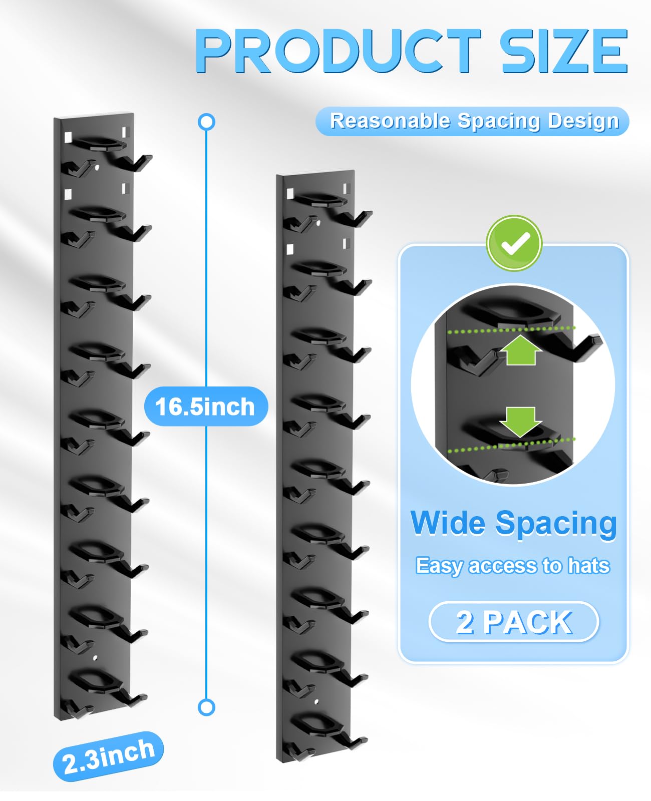 2 Pack Hat Organizer for Baseball Caps, Strong Adhesive Hat Rack for Wall, Multilayer Hat Storage Display Holder, Wall Mounted Hat Hooks Hold up to 18 Hats for Closet Door and Bedroom (Black)