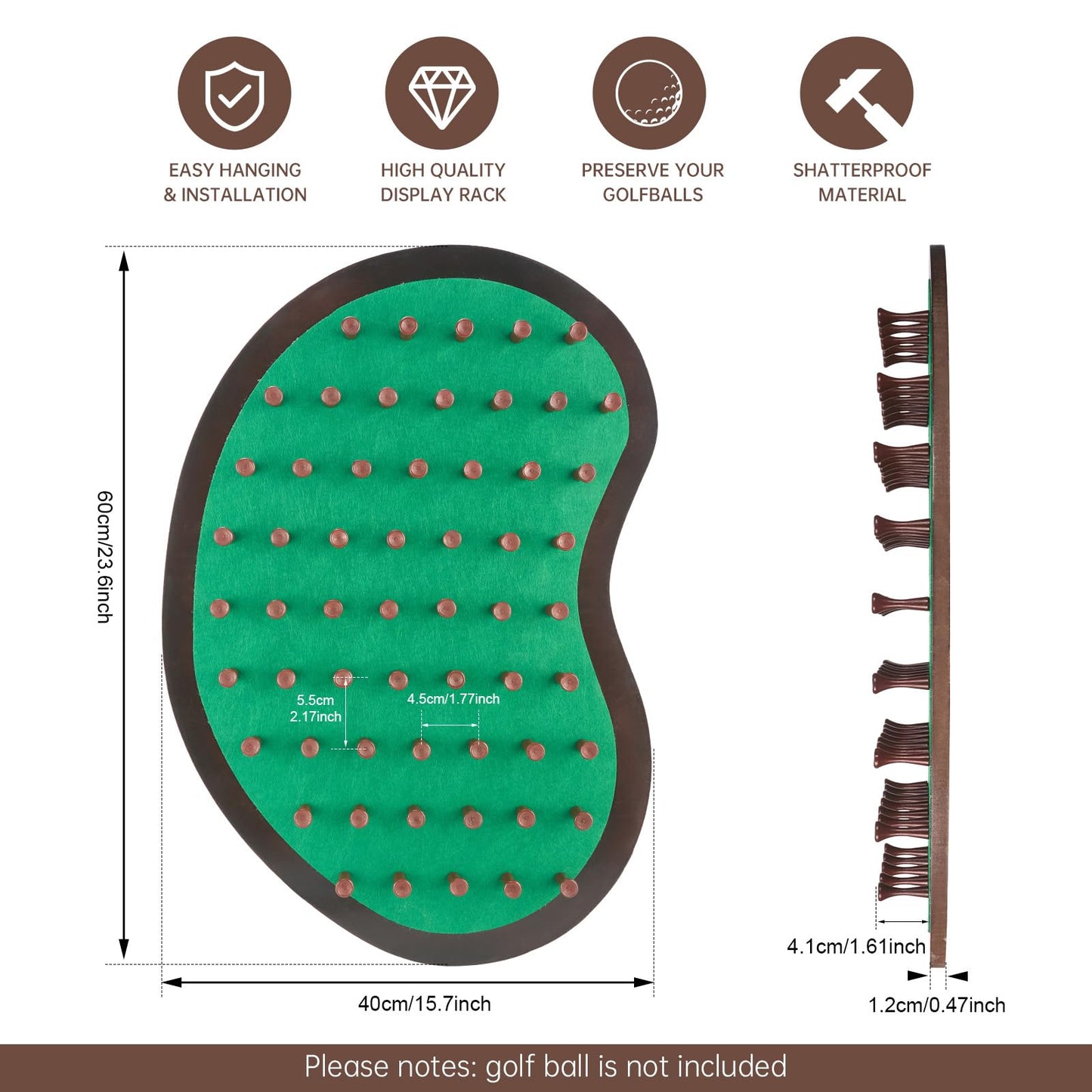 40 Golf Ball Collection Display Rack Cabinet Holder Case Wall Mount - Golf Gifts for The Golf Enthusiast - Golf Display Box Unique Putting Green Shape - Brown