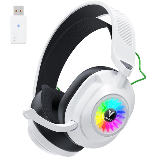 Vakedy HW10 Wireless Gaming Headset for PS5,PS4,PC,2.4GHz Bluetooth Gaming Headphones with Noise Cancelling Microphone,50Hr Battery Gamer Headset for Switch, Laptop,Mobile,Mac,Cool RGB (White)