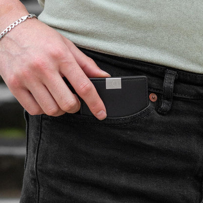 DUN Slim Minimalist Bifold Wallet with Coin Pocket, Luxury Genuine Leather, Holds up to 4 Cards & 10 Bills, Handmade in Europe - Black & Silver