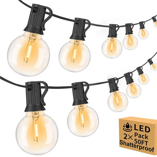 100ft Outdoor String Lights Waterproof/Connectable/Dimmable with 52 LED Shatterproof Bulbs,2-Pack 50ft UL Listed Globe G40 String Lights Outside Lighting for Patio Backyard Cafe Party Wedding Garden