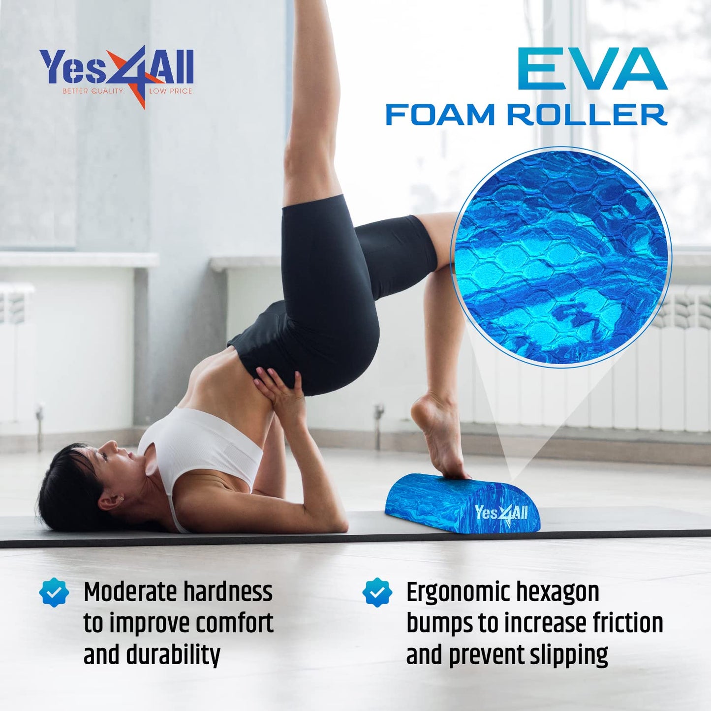 Yes4All EVA Firm Foam Roller for Physical Therapy Half Yoga Back Roller for Muscle Massage, Back Pain Relief - 12 in - Blue