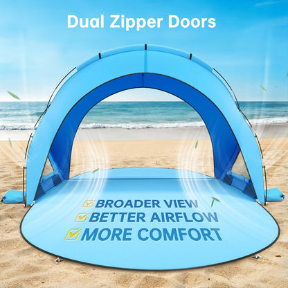 Raynesys Beach Tent Sun Shelter, Beach Shade Tent with UPF50+ UV Protection, Portable Sun Shelter for 1-3 Person, Sun Shade Tent with 2 Zippered Doors, Cool Cabana for Sand Camping Fishing, Blue