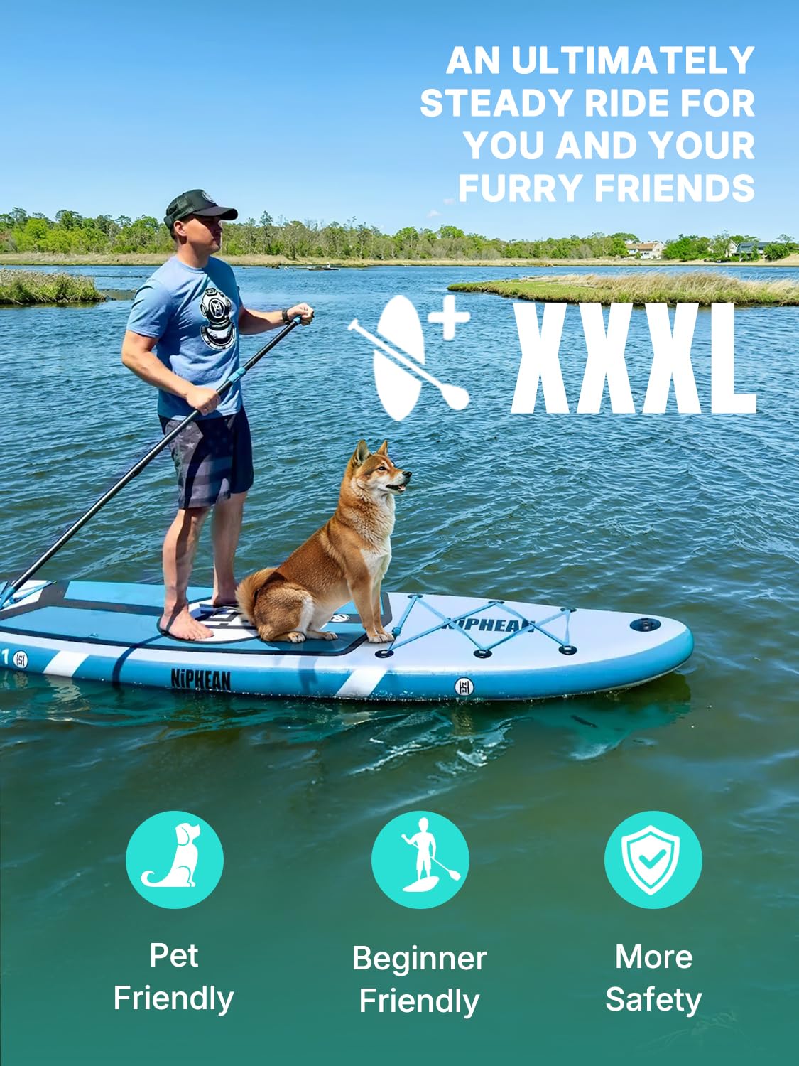 Niphean (Extra Large) Inflatable Paddle Board, SUP for 2+1 People/Family, Stand Up Paddle Board with (Beginner Friendly), Waterproof Phone Pouch, Paddle Boards for Adults, Gift Ideas