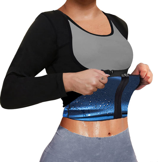 Sauna Suit for Women Sweat Body Shaper Jacket Hot Waist Trainer Long Sleeve Zipper Shirt Workout Top (Black, Small)