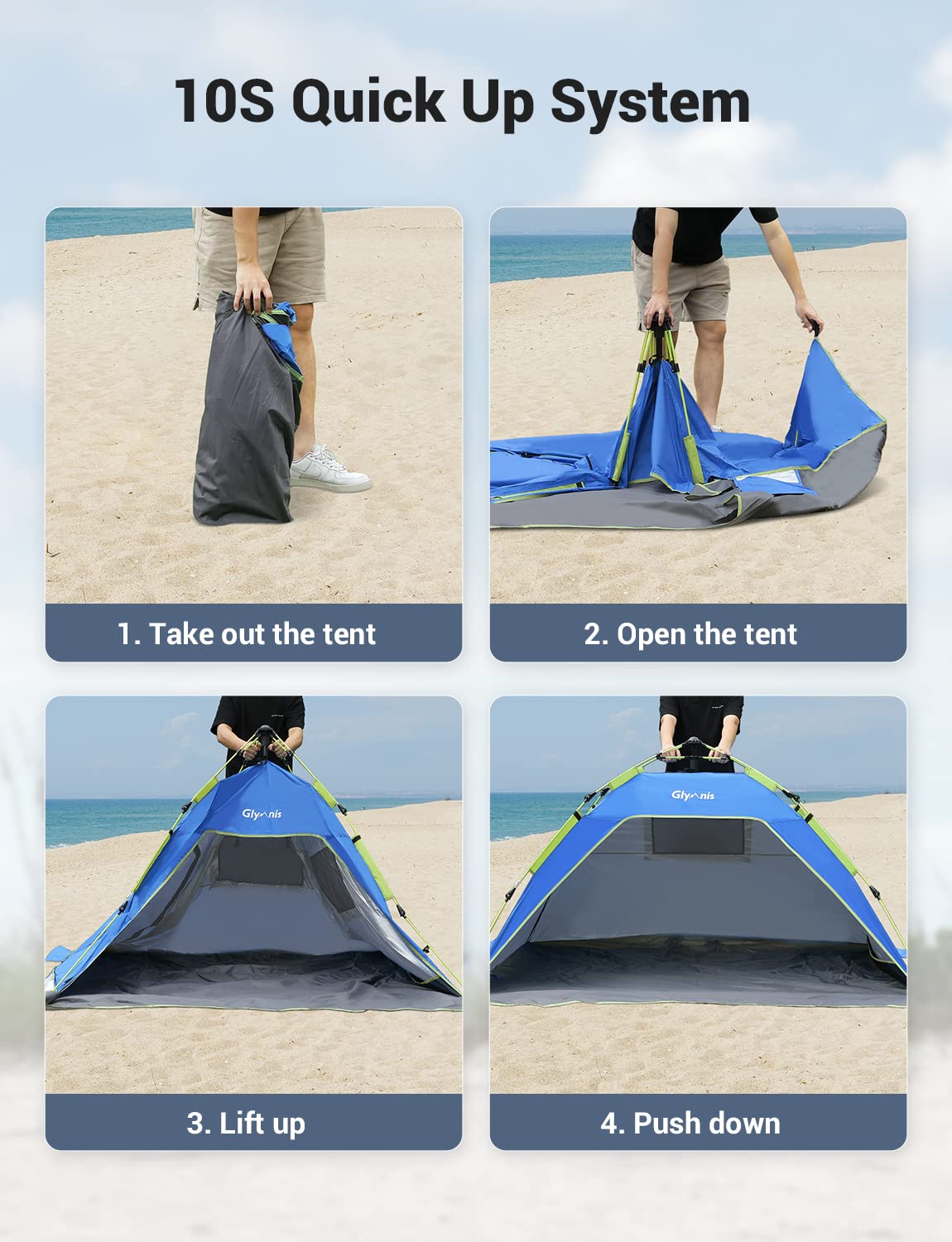 Glymnis Pop Up Beach Tent Sun Shade Shelter for 3-4 Person with UPF 50+, Lightweight & Easy Setup, Vent Windows & Zippered Door, Extended Floor Family Instant Beach Tent