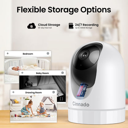 2K Indoor Security Camera-Baby Monitor with 2.4G WiFi Camera and Audio, Siren/Night Vision for Home/Pet/Nanny/Cat, 24/7 SD Card Storage, Cloud (Optional), Compatible with Alexa & Google Home, D1 2P