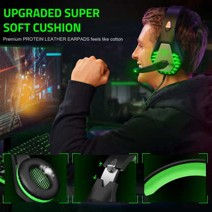 Pacrate Gaming Headset with Microphone for PC, PS4, PS5, Switch, Xbox Series X/S, Noise Cancelling Gaming Headphones with LED Lights for Kids Adults, Black Green