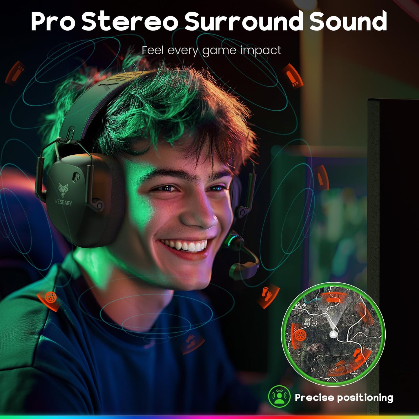 WESEARY Wireless Gaming Headset for PC, Mac, Switch, Mobile, 3D Stereo Gaming Headphones 2.4GHz Mode Compatible with PS5, PS4, Ultra-Low Latency, Crystal-Clear ENC Mic, Soft Earmuffs