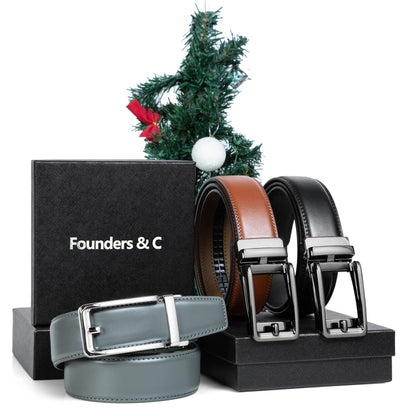 Founders & C Men's Leather Ratchet Comfort Click Belt Dress with Slide Buckle -Adjustable Trim to Fit (28"-42" Waist Adjustable, Bright Gun Buckle W Classic Black Leather)