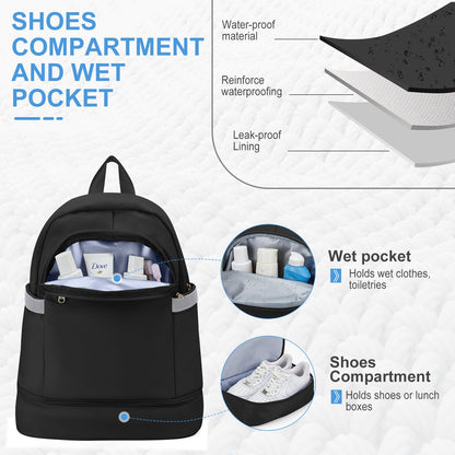 coofay Black Gym Backpack For Women Men Travel Backpack With Shoe Compartment Waterproof Sports Backpack Gym Bag Dance Backpack For Dancers