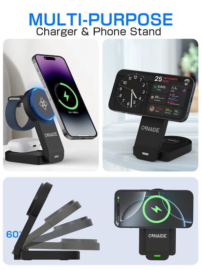 2025 Magnetic 3 in 1 Wireless Charger, Mag-Safe Charger Stand Wireless Charging Station for Apple iPhone 16/15/14/13/12 Series, for Apple Watch and Airpods, 18W Foldable Fast Charging Dock - Black