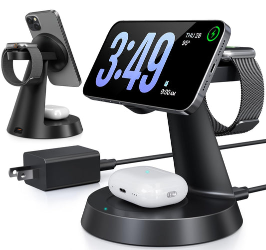 3 in 1 Wireless Charging Station for Apple Mag-Safe 15W Fast Charger Stand for Multiple Apple Devices Magnetic Charger for iPhone 16 Pro Max/16 Pro/16/15/14/13/12, AirPods, iWatch Series(Black)