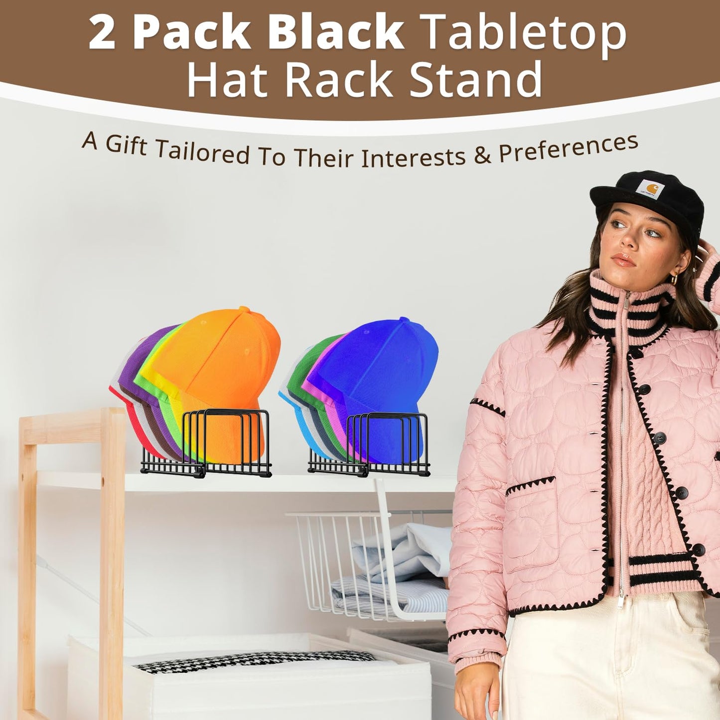 2 Pack Hat Stand for Baseball Caps, Ginyoyo No Install Hat Organizer for 20 Baseball Caps, Tabletop Hat Rack Stand with Anti-slip Pads, Hat Holder Hat Display for Closet, Desktop, Dresser,Office-Black