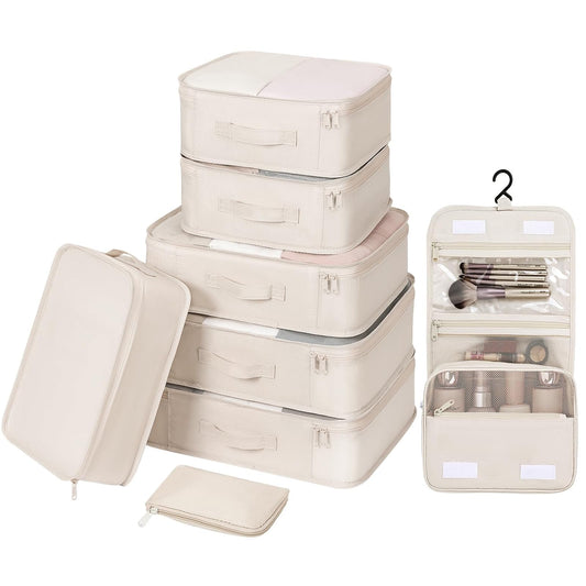 DIMJ Packing Cubes for Travel - Organizer Bags Set for Carry on Suitcase Lightweight Travel Cubes for luggage with Large Toiletries Bag (Cream)