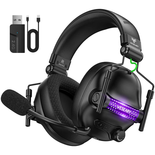 WESEARY WG2 Wireless Gaming Headsets with Microphone for PS5, PS4, PC, Switch, Mac, Crystal Stereo Bluetooth Headphones, Wireless Headset 2.4GHz with Lossless Audio, 50 Hr Battery, Cool LED