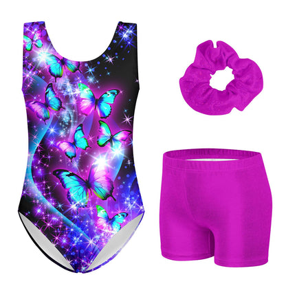 3 Piece Leotard for Little Girls Gymnastics with Purple Boy Shorts for 4t 5t Kid Girls' Sparkle Diamond Black 3D Print Butter-fly Athletic Outfits with Hair Scrunchie for Girl Sporting.Size 4 5
