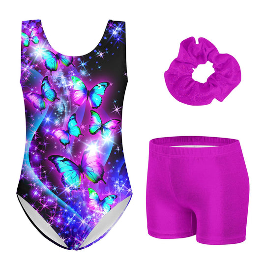 3 Piece Leotard for Little Girls Gymnastics with Purple Boy Shorts for 4t 5t Kid Girls' Sparkle Diamond Black 3D Print Butter-fly Athletic Outfits with Hair Scrunchie for Girl Sporting.Size 4 5