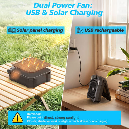 Camping Fan Solar Powered, Portable Solar Fan 10000mAh USB Rechargeable Battery Operated with Light, Quiet Outdoor Fans for Tent, RV, Emergency, Hiking, Power Outage, Desk, Greenhouse, Survival Kit