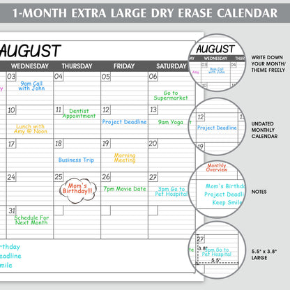 Large Dry Erase Calendar for Wall - Undated 1 Month Big Wall Calendar, 40" x 30", Erasable & Reusable Laminated Calendar Max with 8 Round Stickers, Great Layout Wall Calendar Dry Erase for Home, Office and School