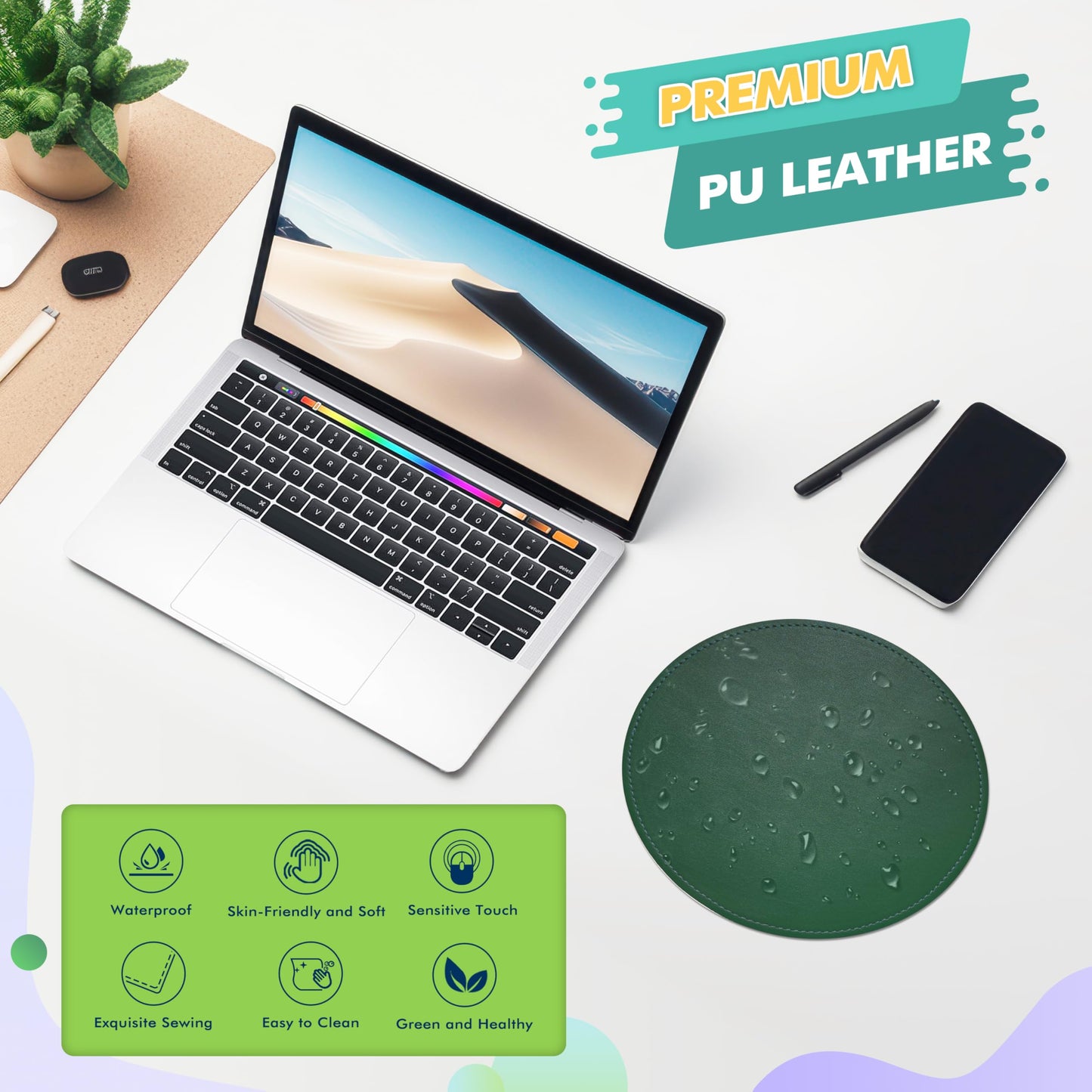 Mouse Pad，Round Mouse Pad，PU Mouse Pad，Leather Mouse Pad with Stitched Edge Micro-Fiber Base with Non-Slip Waterproof，Mouse Pad for Computers，Laptop，9 x 9 Inch (Army Green)