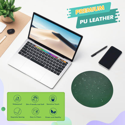 Mouse Pad，Round Mouse Pad，PU Mouse Pad，Leather Mouse Pad with Stitched Edge Micro-Fiber Base with Non-Slip Waterproof，Mouse Pad for Computers，Laptop，9 x 9 Inch (Army Green)