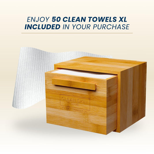 CLEAN SKIN CLUB Luxe Bamboo Box with Drawer & Towels XL, USDA Certified 100‪%‬ Biobased Dermatologist Approved Face Towel, Disposable Makeup Remover Dry Wipes, Facial Wash (Bamboo Container Drawer)