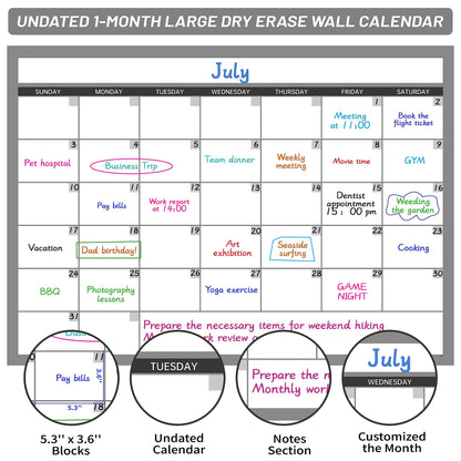 Large Dry Erase Calendar for Wall, Undated 1 Month Wall Calendar, 40" x 28" Erasable & Reusable Laminated Calendar, 10 Round Stickers, Great Layout Wall Calendar Monthly for Home Office School